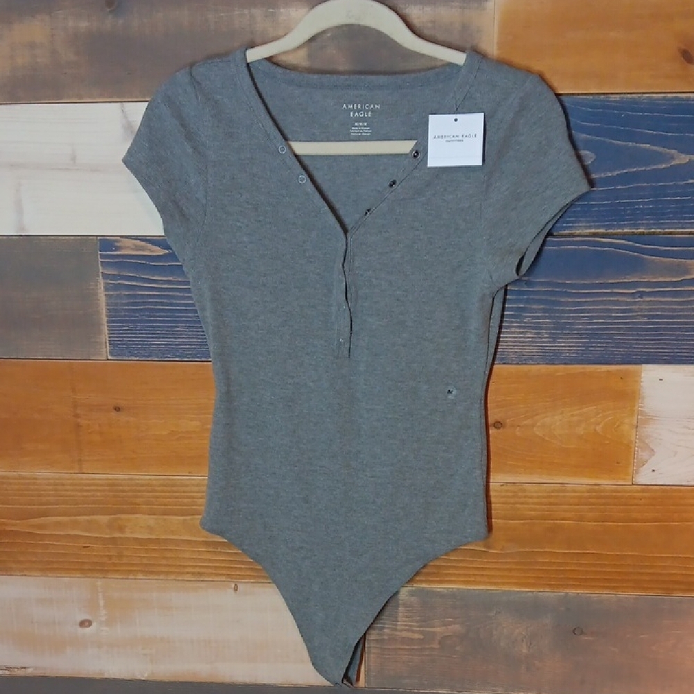 American Eagle Ribbed Tshirt Bodysuit NWT M Gray
